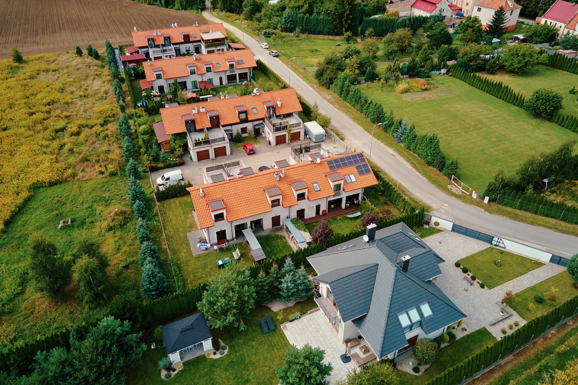 Suburban neighborhood in europe city, aerial view